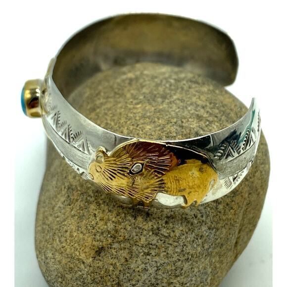 Sterling Turquoise 12k gold Buffalo Bangle Genevieve Jones Native American Made‎ - Picture 6 of 9
